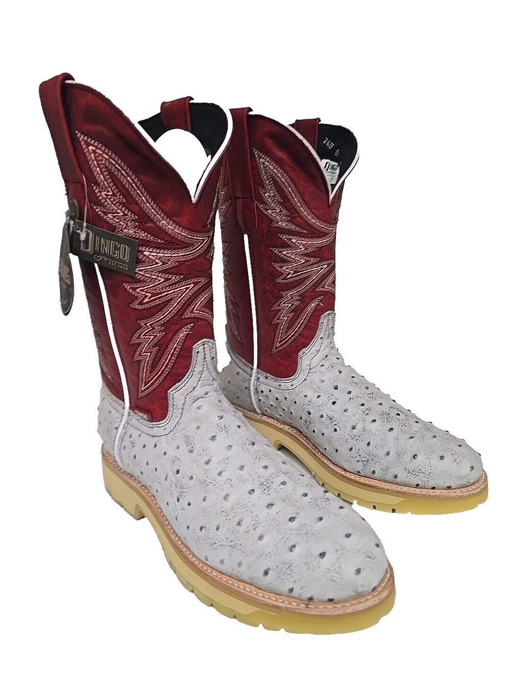Dingo Men's DI 606 Kiwi Western Ostrich Print Pull On Boot White Red Size 9.5D
